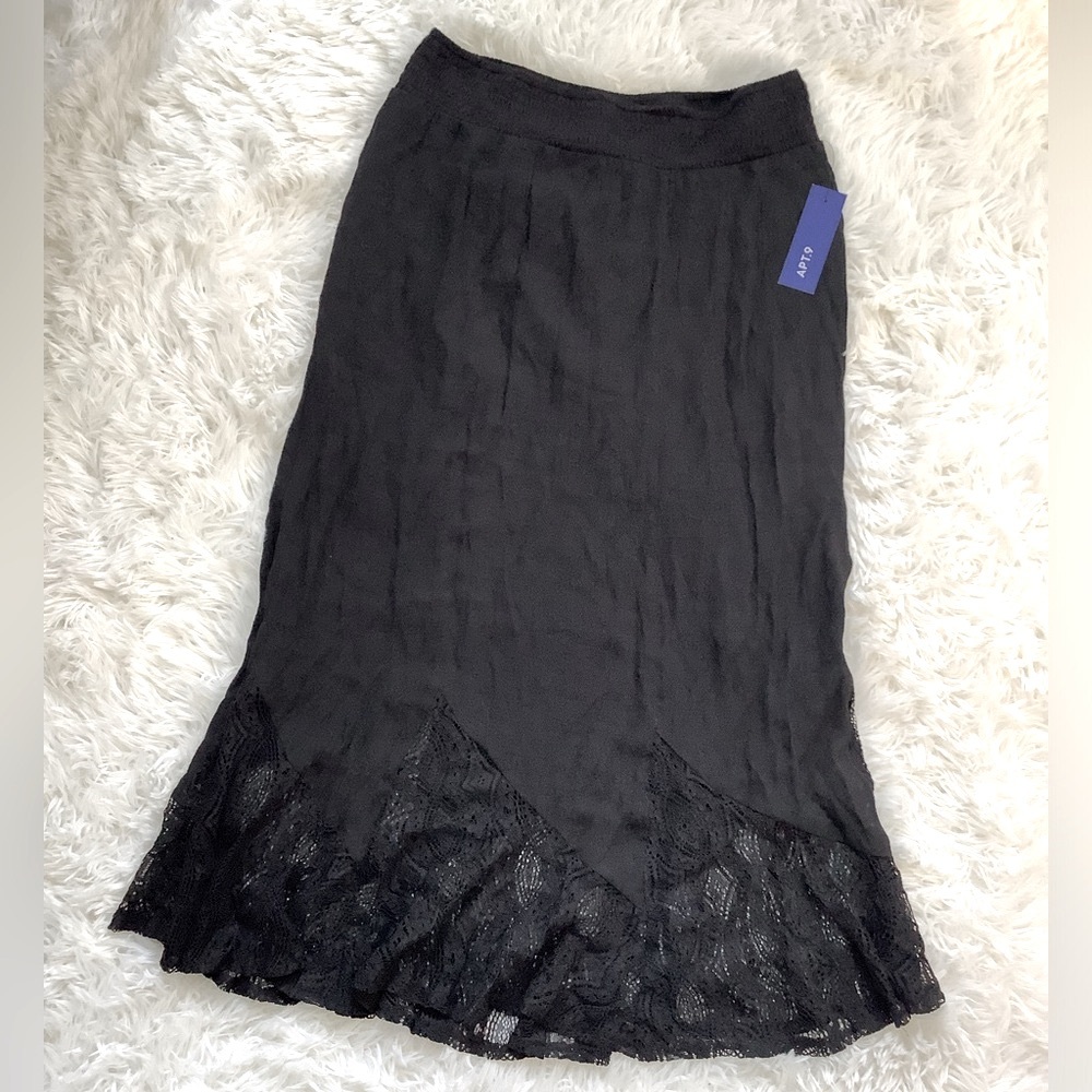 NWT Apt. 9 Black Gauze Elastic Waist Maxi Skirt Lace Hem S